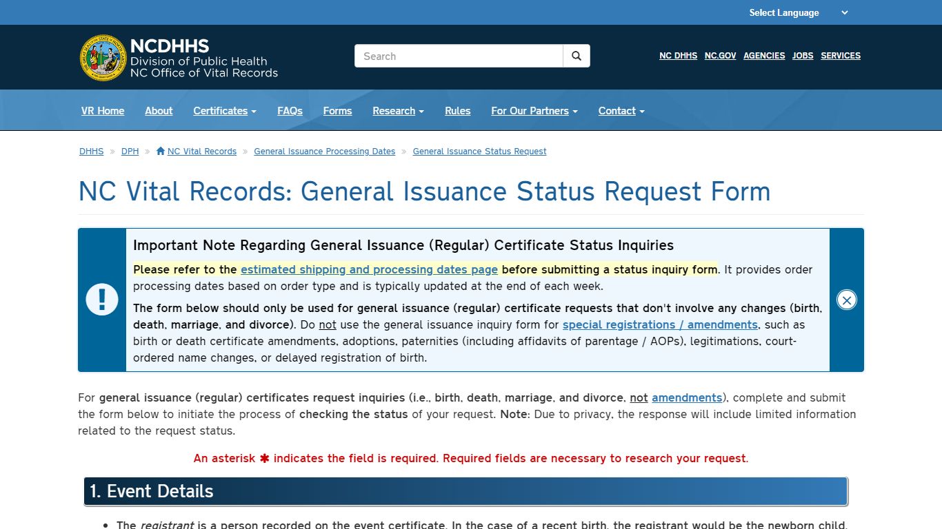 NC Vital Records: General Issuance Status Request Form